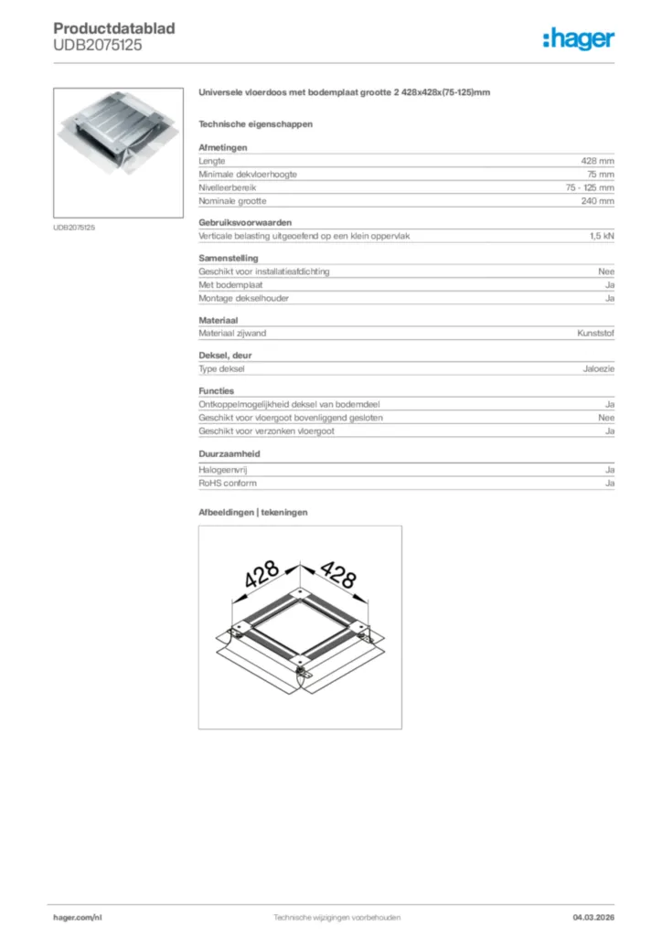 Afbeelding Hager Productdatablad UDB2075125 | Hager Nederland