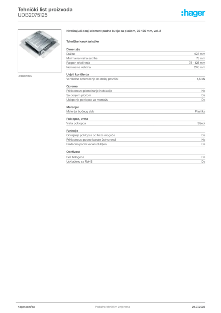 Slika Hager Product data sheet UDB2075125  | Hager