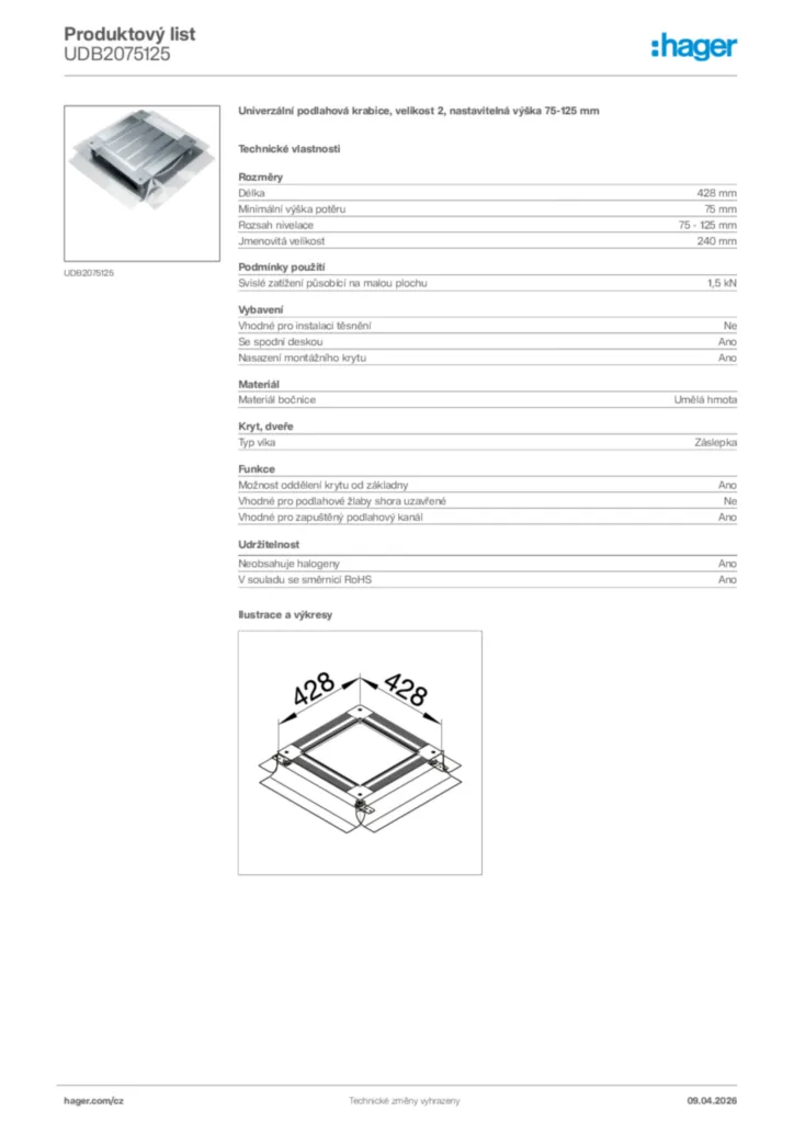Obrázek Hager Product data sheet UDB2075125 | Hager