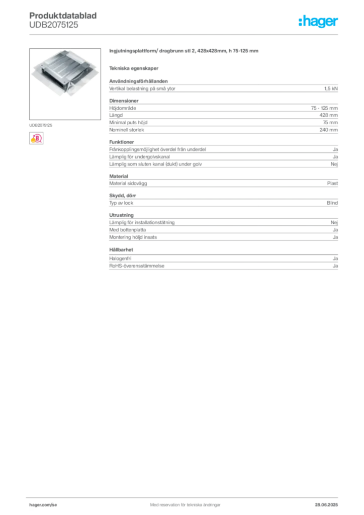 Bild Hager Produktdatablad UDB2075125 | Hager Sverige