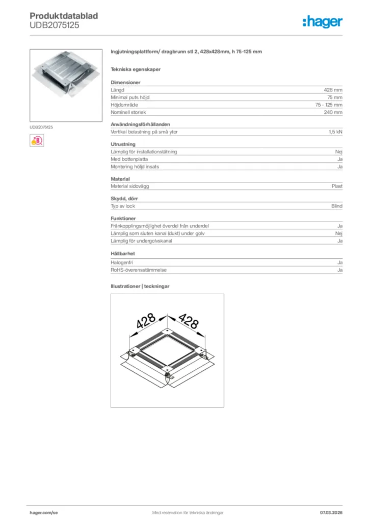 Bild Hager Produktdatablad UDB2075125 | Hager Sverige