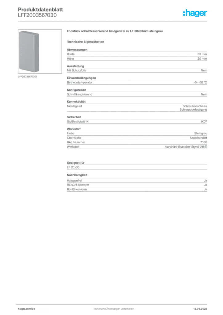 Bild Hager Produktdatenblatt LFF2003567030 | Hager Deutschland