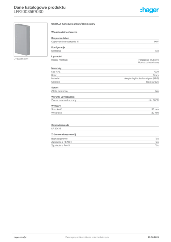 Zdjęcie Hager Dane katalogowe produktu LFF2003567030 | Hager Polska