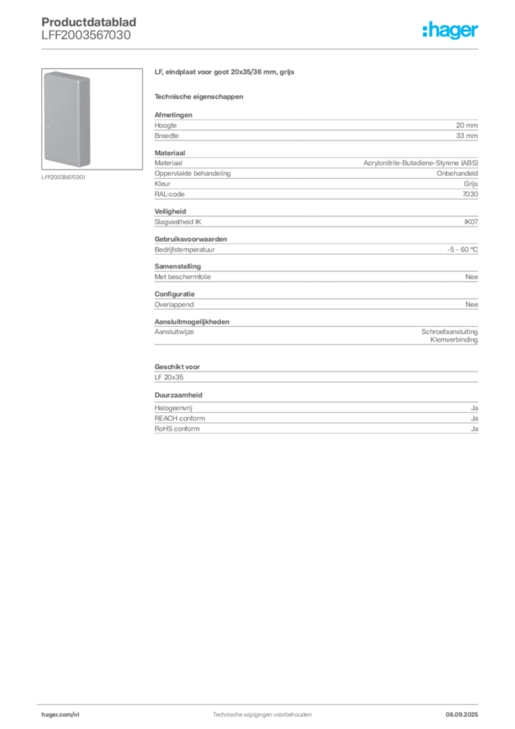 Afbeelding Hager Productdatablad LFF2003567030 | Hager Nederland