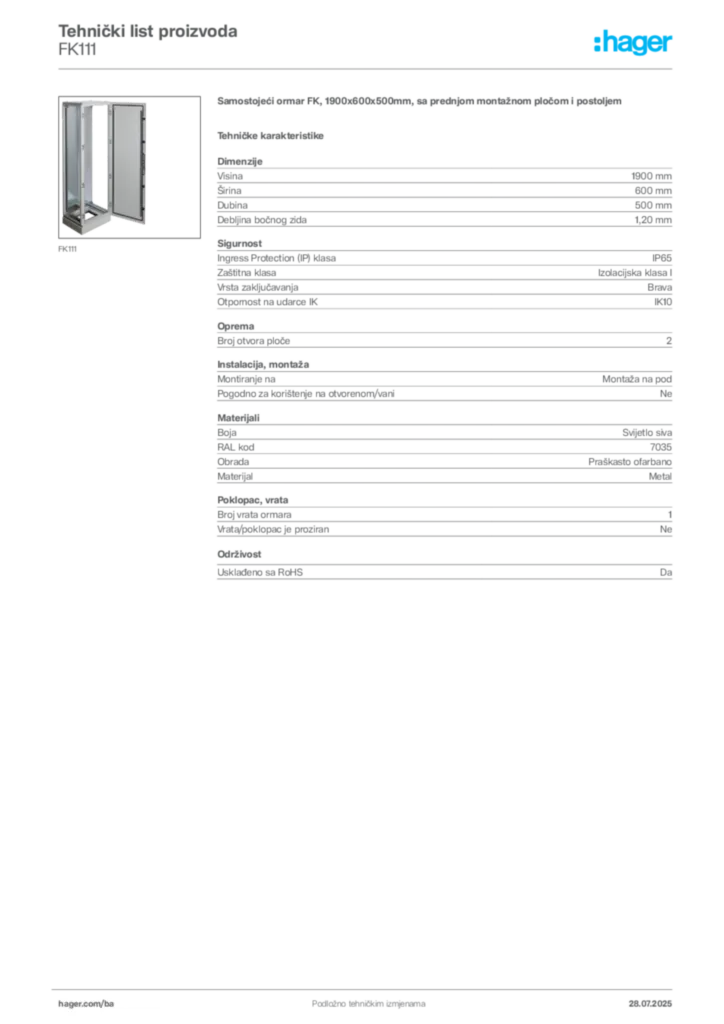Slika Hager Product data sheet FK111  | Hager