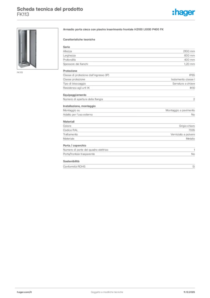 Immagine Hager Scheda tecnica del prodotto FK113 | Hager Italia
