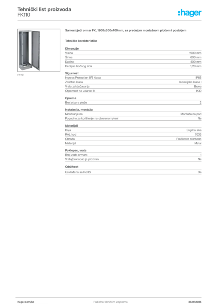 Slika Hager Product data sheet FK110  | Hager