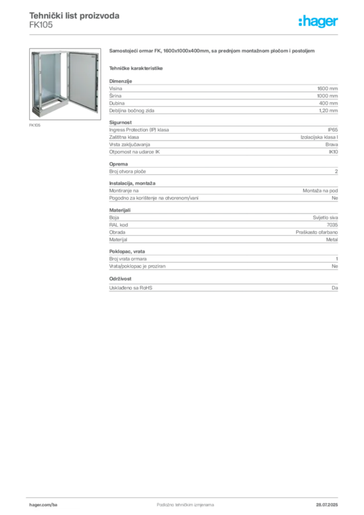 Slika Hager Product data sheet FK105  | Hager