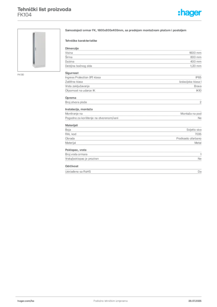 Slika Hager Product data sheet FK104  | Hager