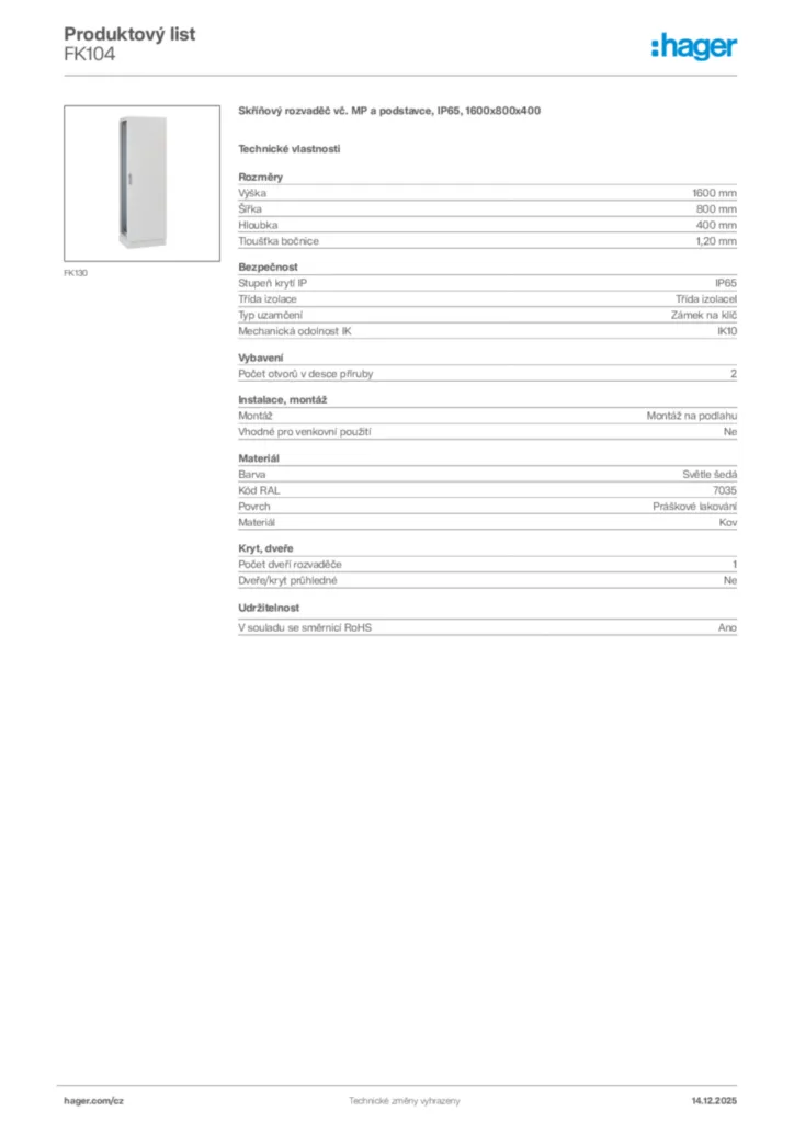 Obrázek Hager Produktový list FK104 | Hager