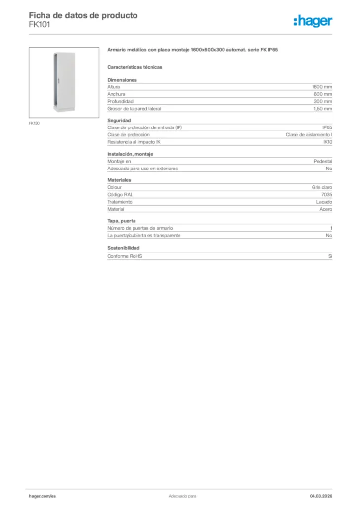 Imagen Hager Ficha de datos de producto FK101 | Hager España