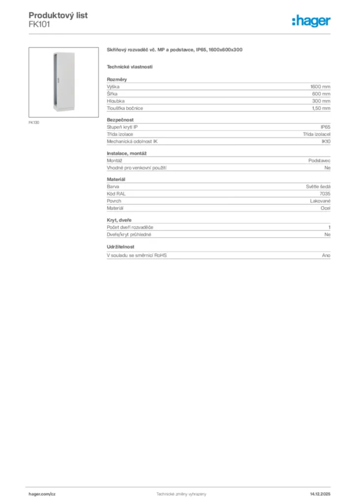 Obrázek Hager Produktový list FK101 | Hager