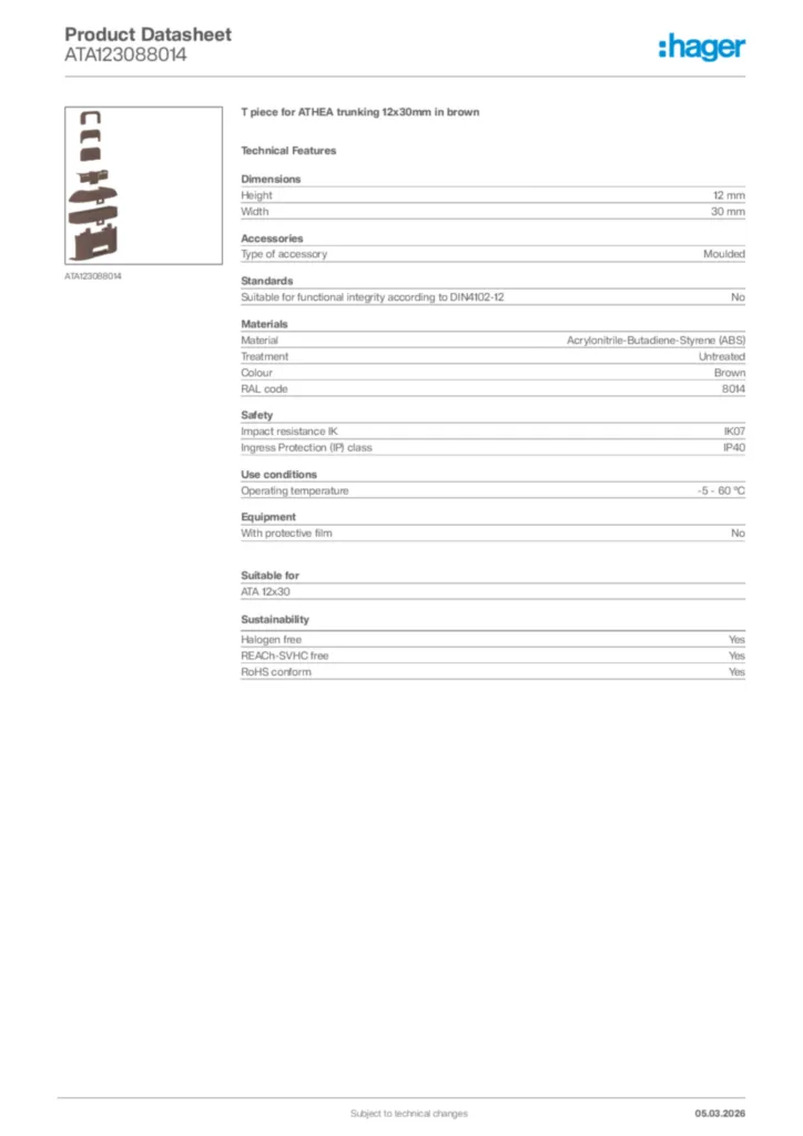 Image Hager Product data sheet ATA123088014  | Hager Africa