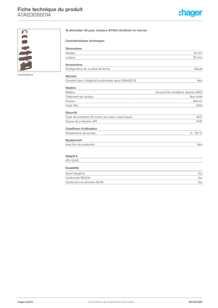 Image Hager Fiche technique du produit ATA123088014 | Hager France