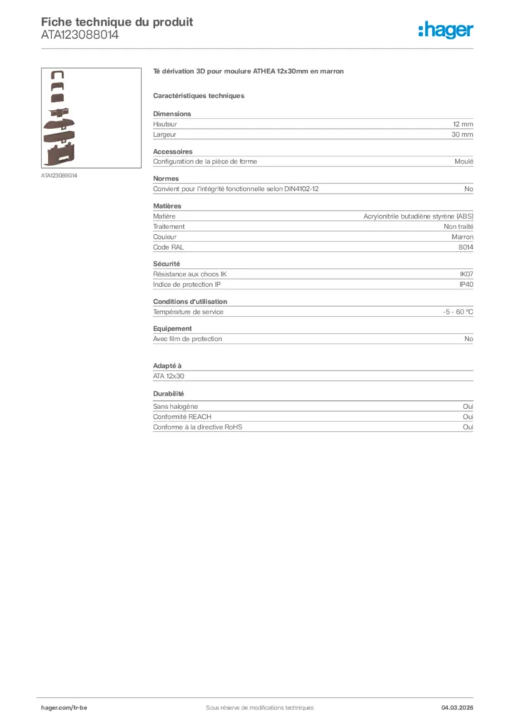 Image Hager Fiche technique du produit ATA123088014 | Hager Belgique