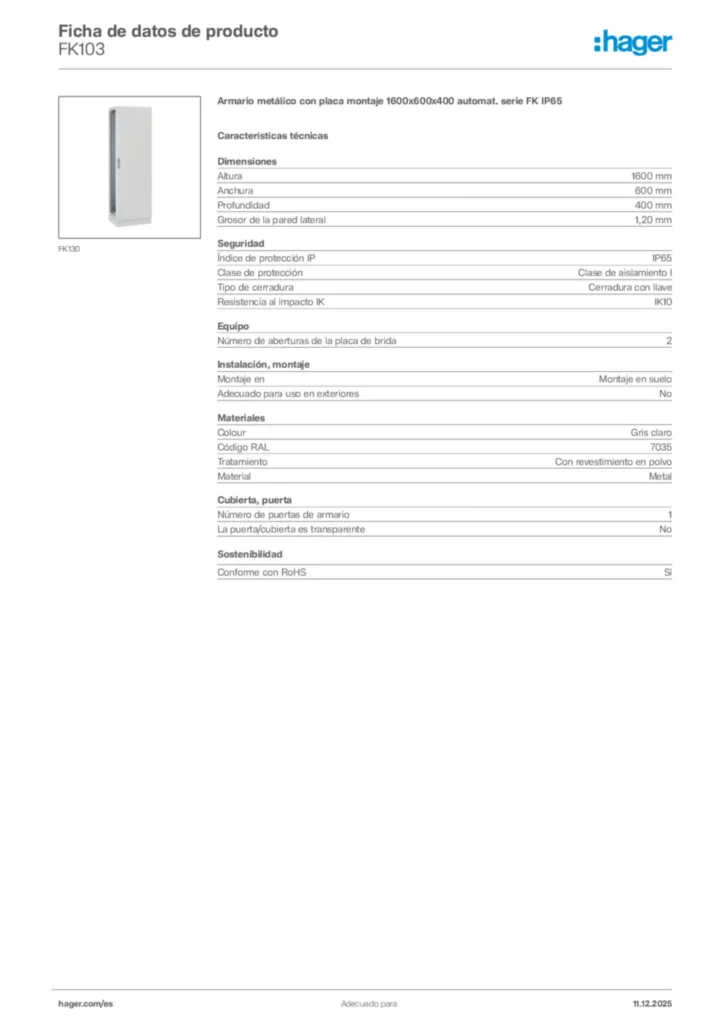 Imagen Hager Ficha de datos de producto FK103 | Hager España