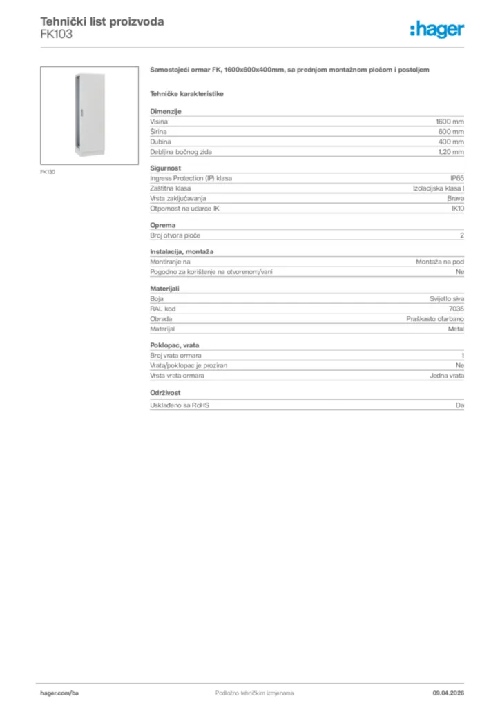 Slika Hager Tehnički list proizvoda FK103  | Hager