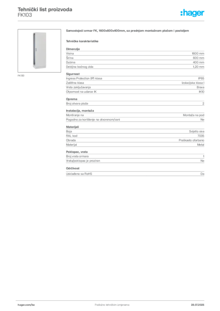 Slika Hager Product data sheet FK103  | Hager