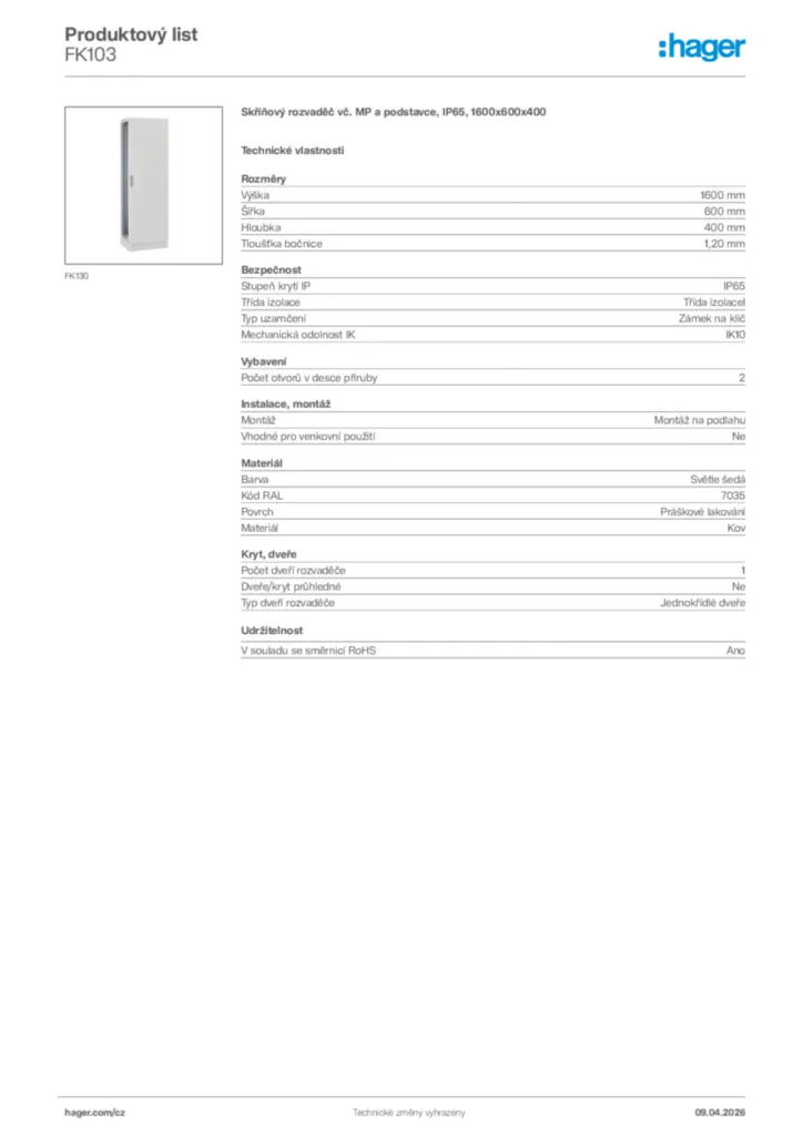 Obrázek Hager Product data sheet FK103 | Hager
