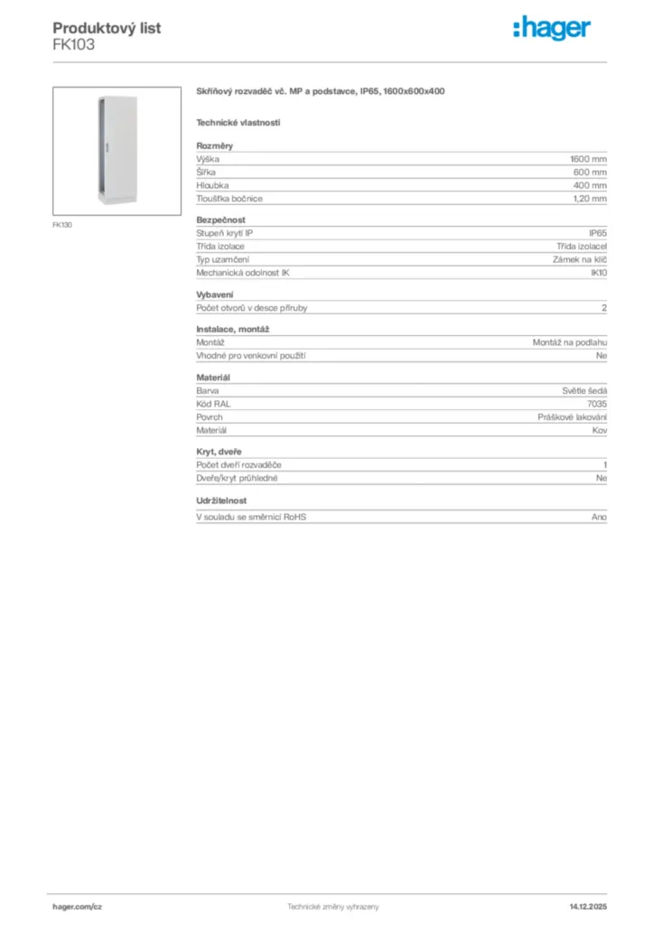 Obrázek Hager Produktový list FK103 | Hager