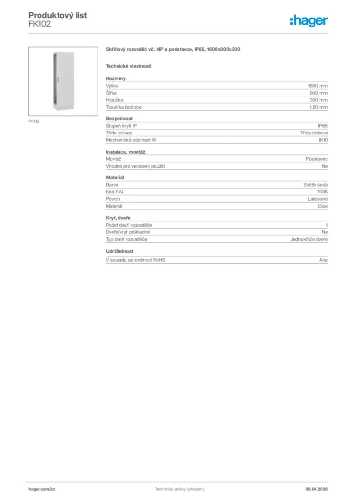 Obrázek Hager Product data sheet FK102 | Hager