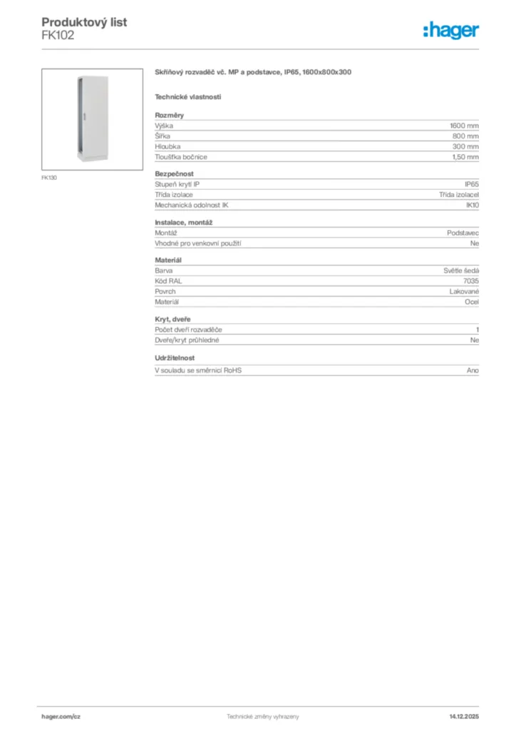 Obrázek Hager Produktový list FK102 | Hager