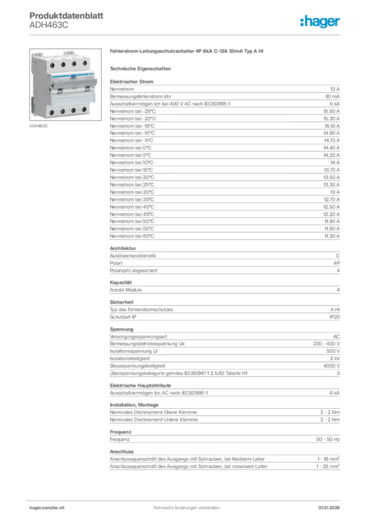 Bild Hager Produktdatenblatt ADH463C | Hager Schweiz