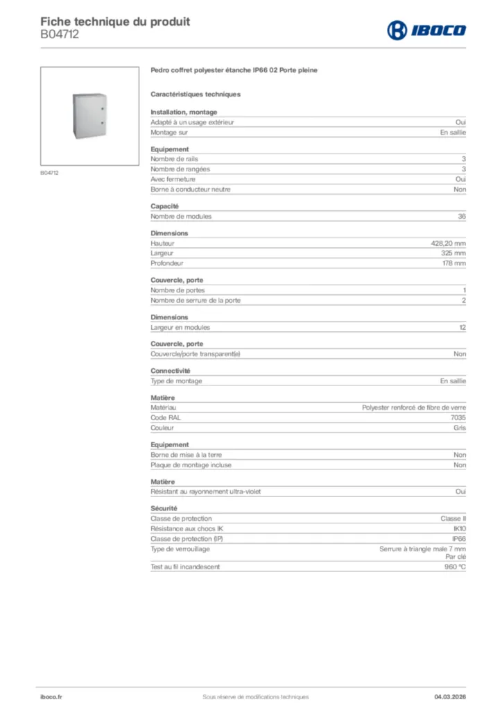 Image Iboco Fiche technique du produit B04712 | Hager France