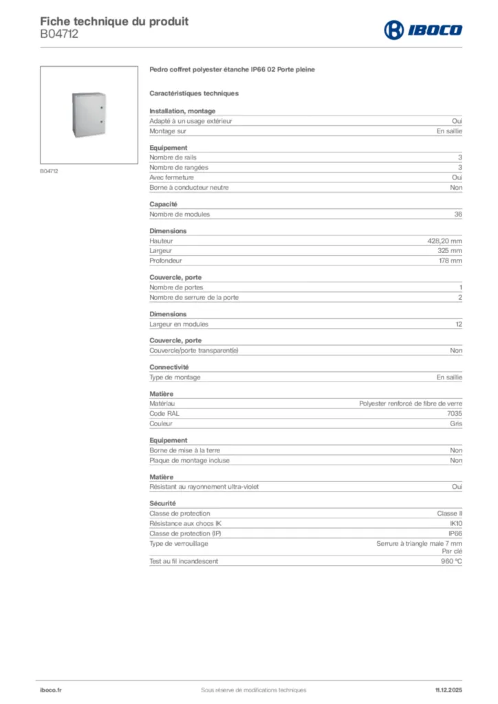 Image Iboco Fiche technique du produit B04712 | Hager France