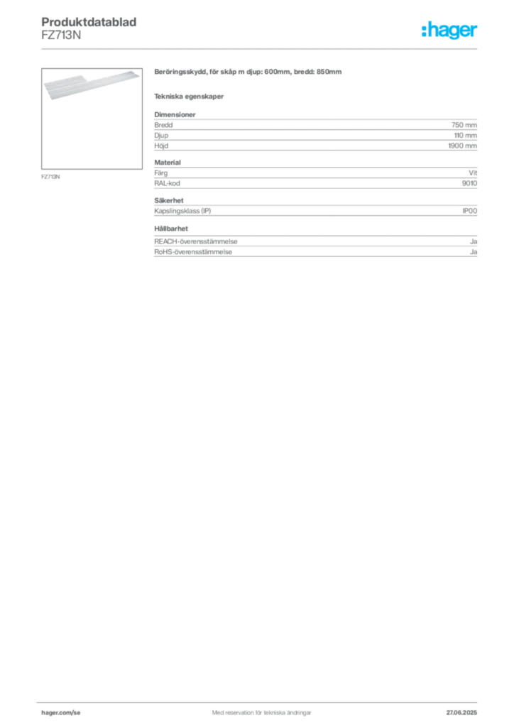 Bild Hager Produktdatablad FZ713N | Hager Sverige