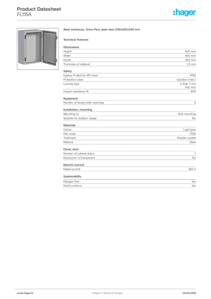 Image Hager Product data sheet FL115A  | Hager