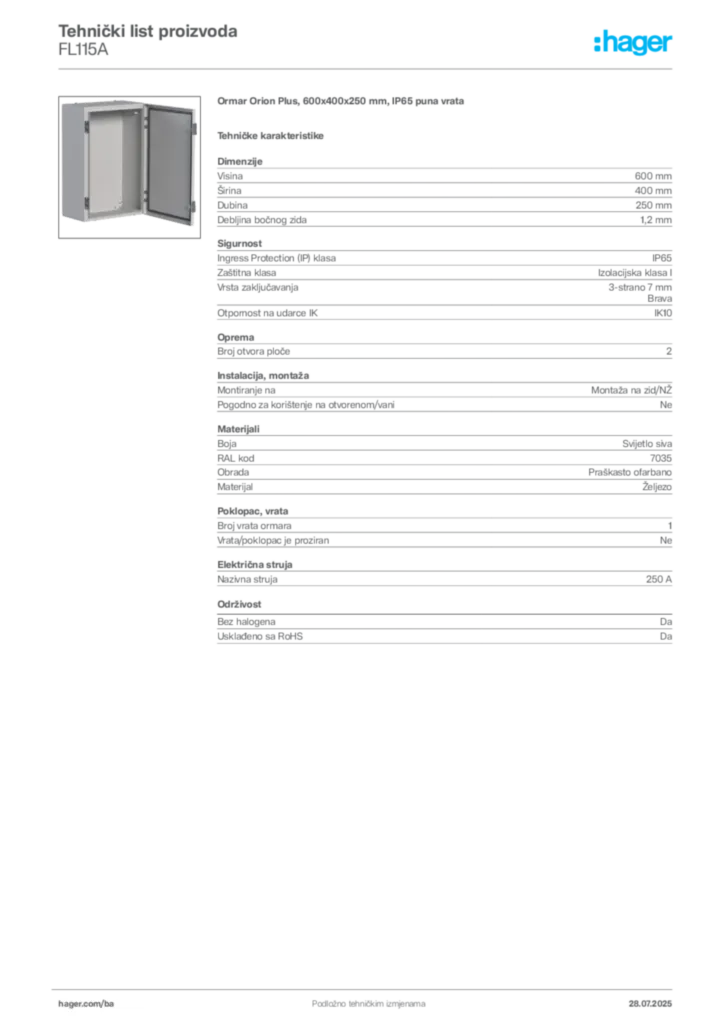 Slika Hager Product data sheet FL115A  | Hager