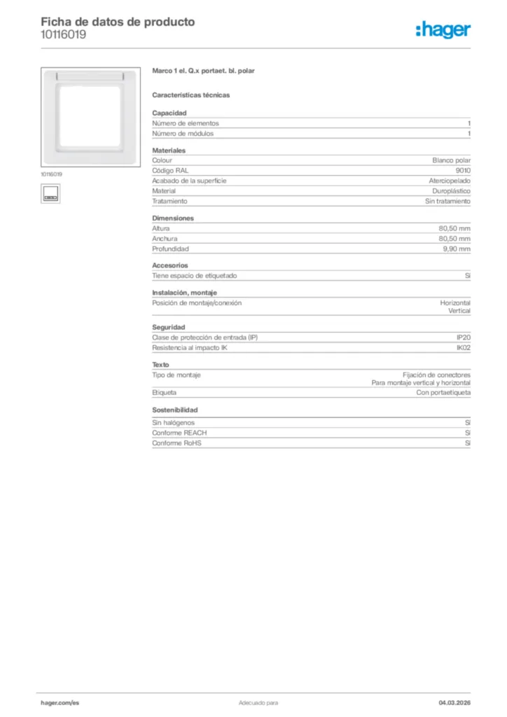 Imagen Hager Ficha de datos de producto 10116019 | Hager España