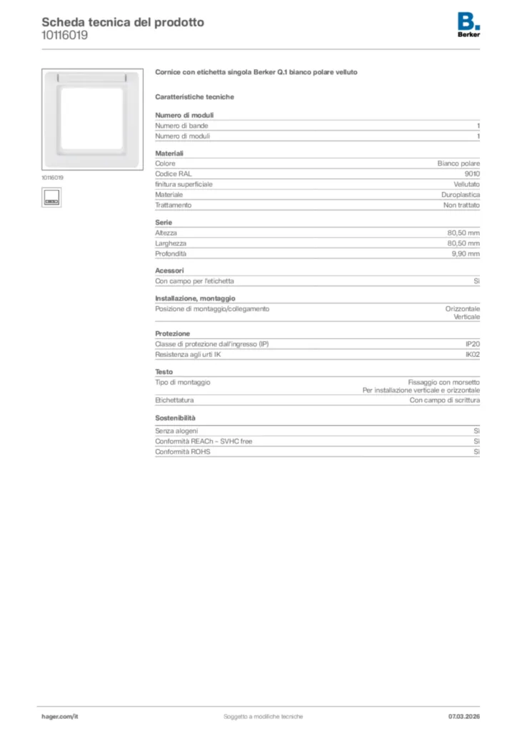 Immagine Berker Scheda tecnica del prodotto 10116019 | Hager Italia