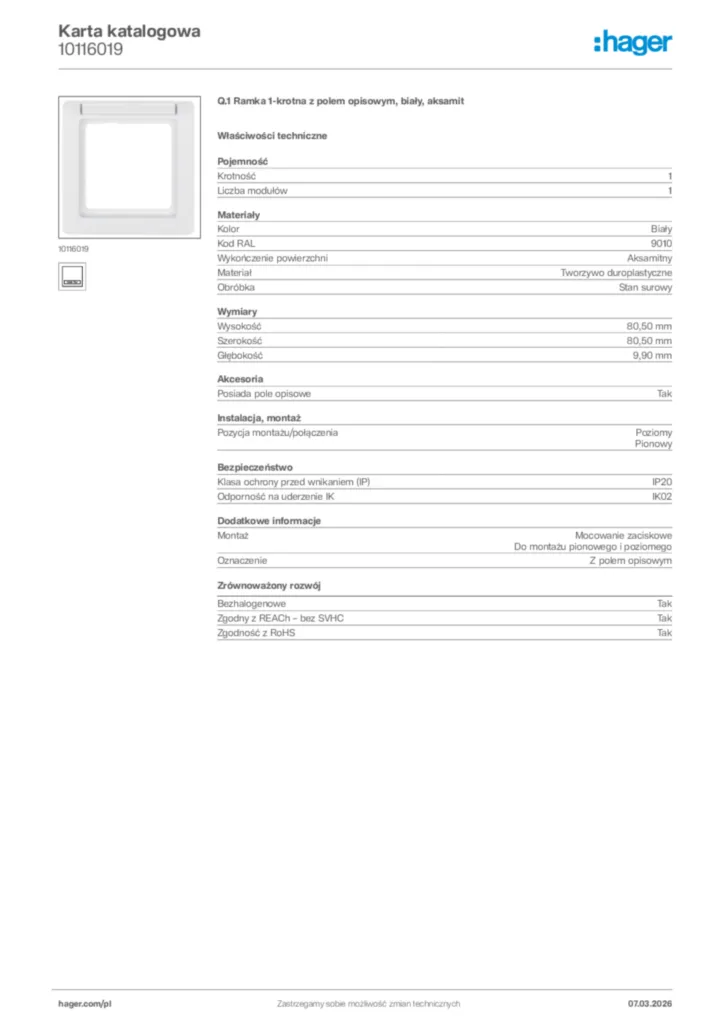 Zdjęcie Hager Karta katalogowa 10116019 | Hager Polska