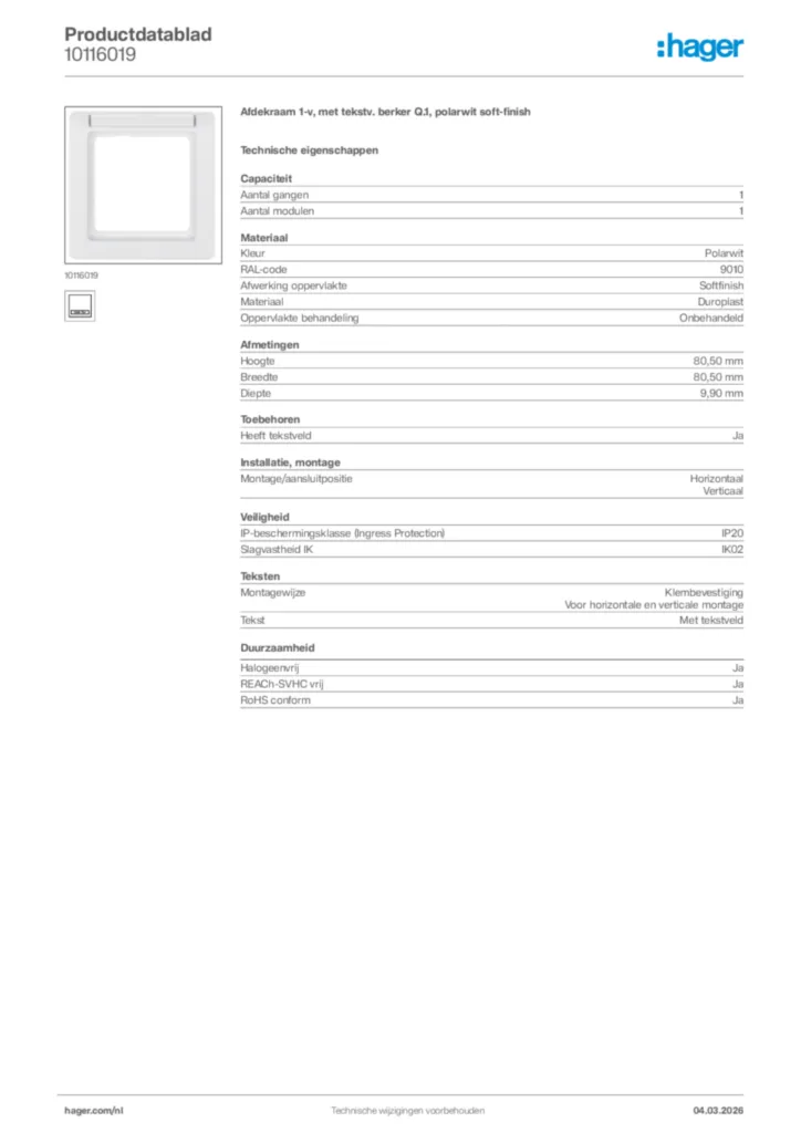 Afbeelding Hager Productdatablad 10116019 | Hager Nederland