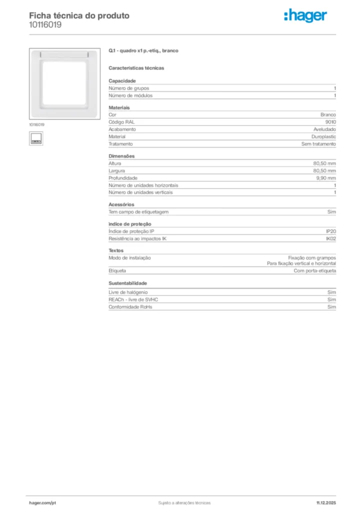 Imagem Hager Ficha técnica do produto 10116019 | Hager Portugal