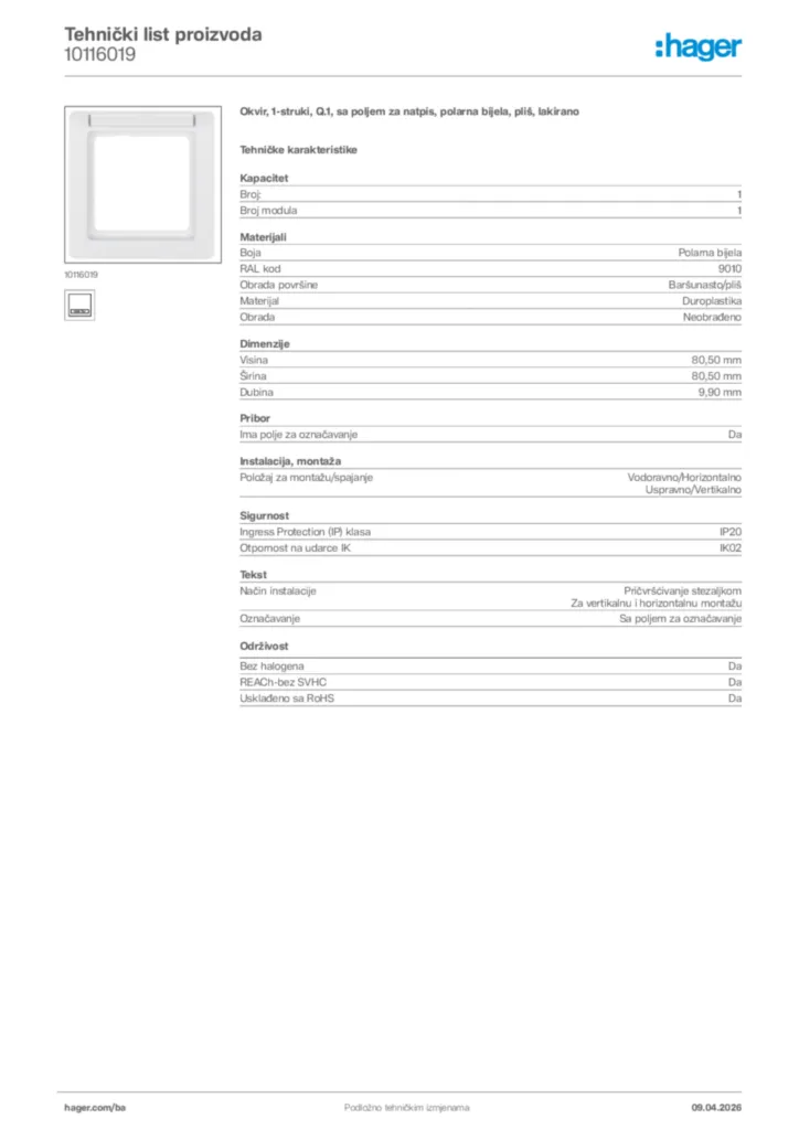 Slika Hager Tehnički list proizvoda 10116019  | Hager