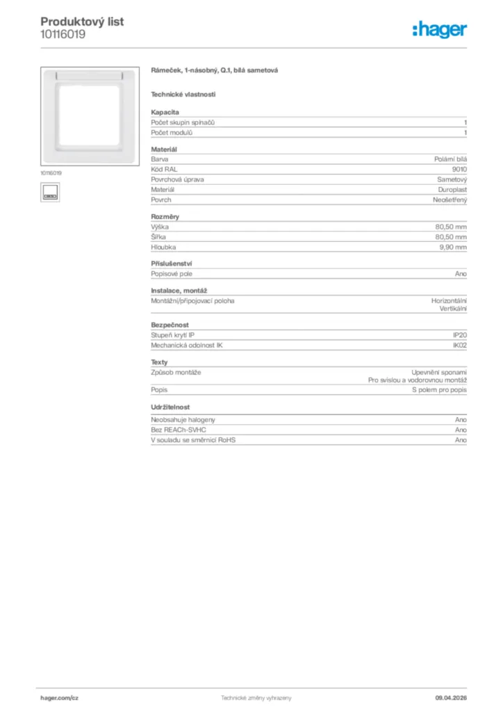 Obrázek Hager Product data sheet 10116019 | Hager