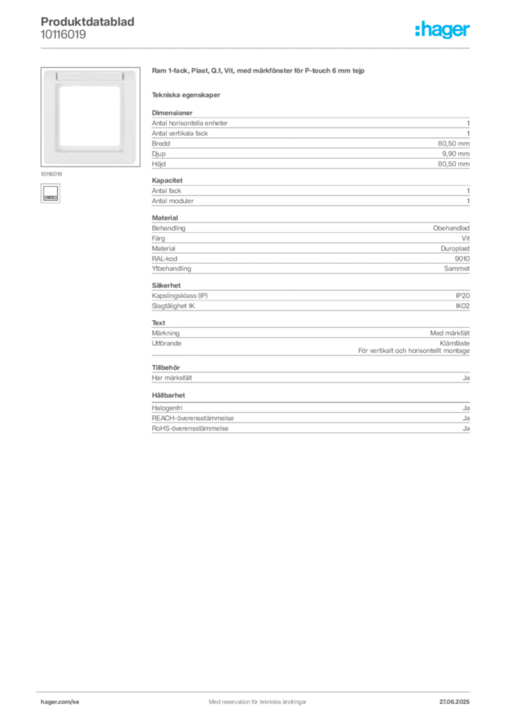 Bild Hager Produktdatablad 10116019 | Hager Sverige