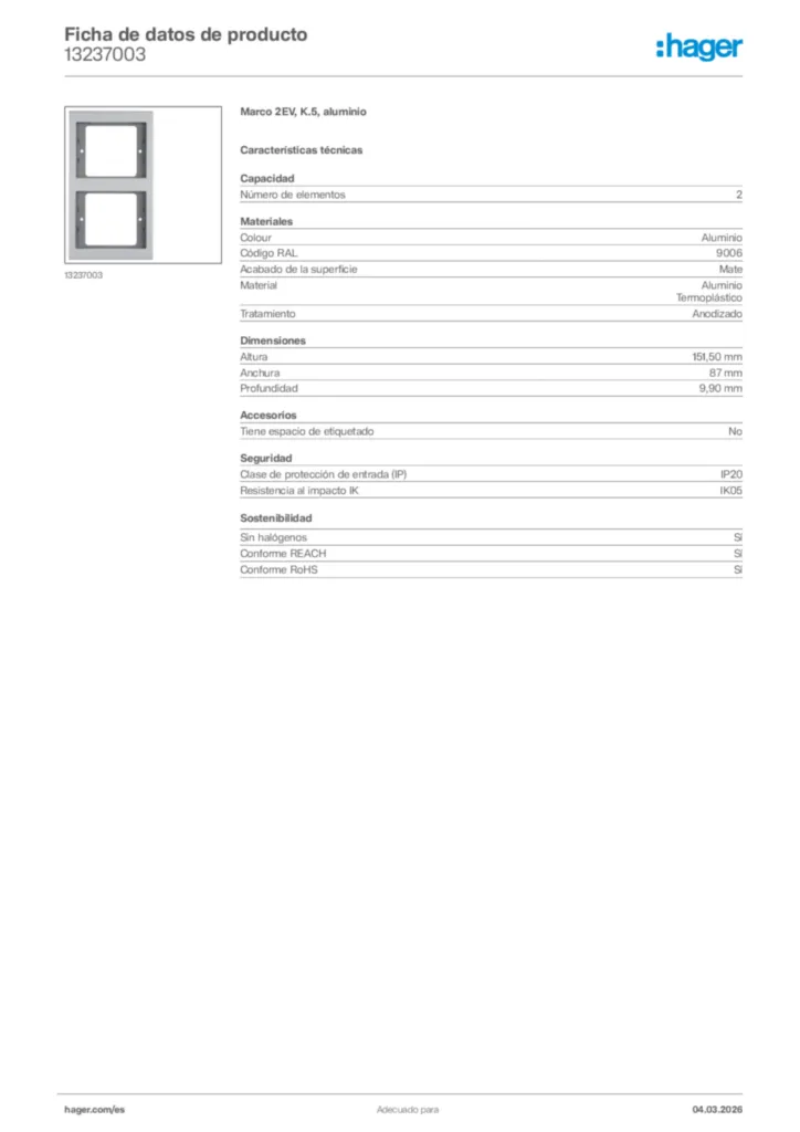 Imagen Hager Ficha de datos de producto 13237003 | Hager España