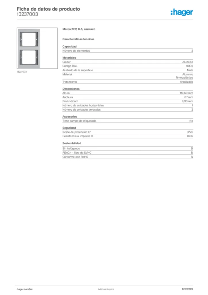 Imagen Hager Ficha de datos de producto 13237003 | Hager España
