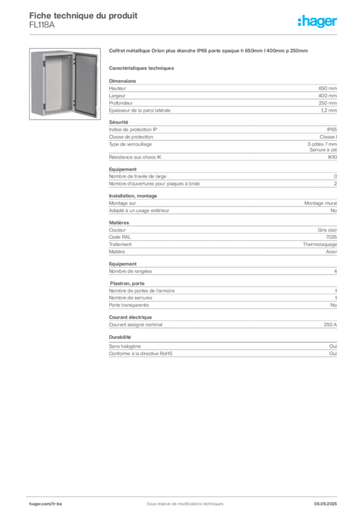 Image Hager Fiche technique du produit FL118A | Hager Belgique