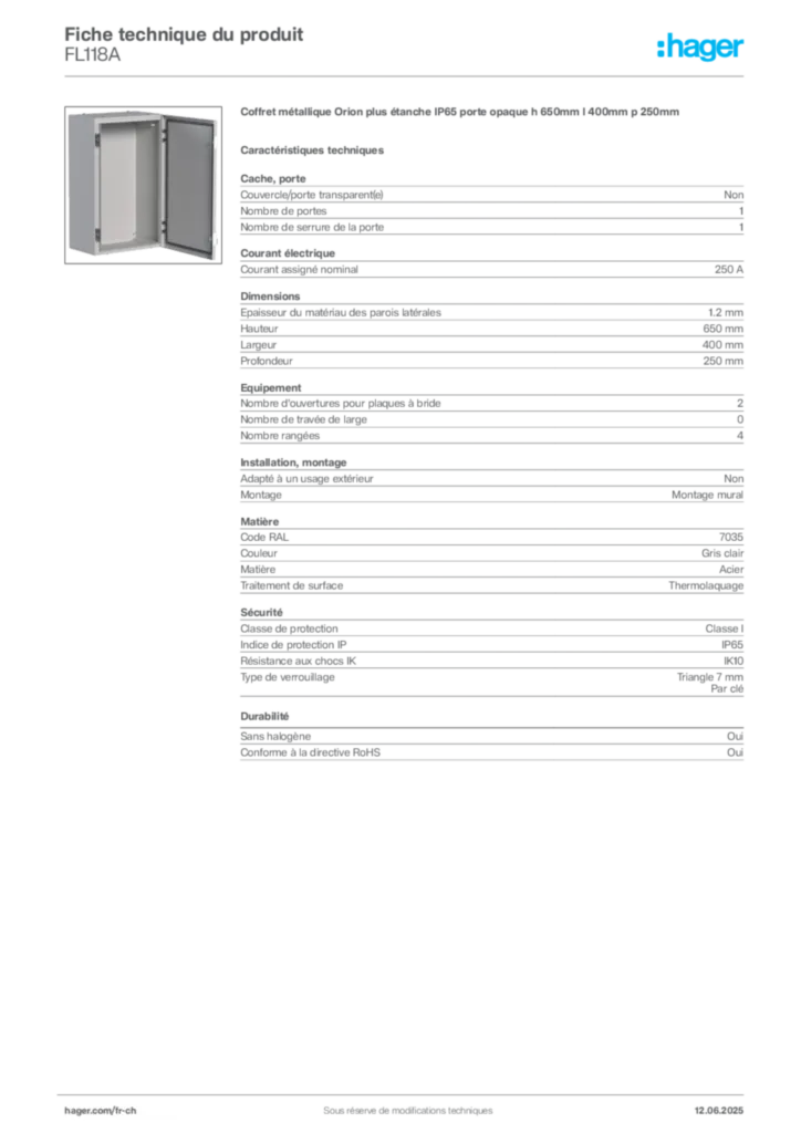 Image Hager Fiche technique du produit FL118A | Hager Suisse