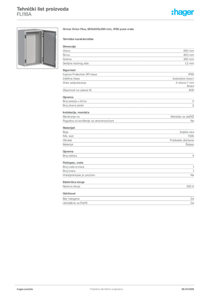Slika Hager Product data sheet FL118A  | Hager