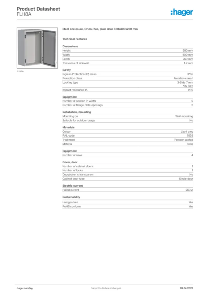 Image Hager Product data sheet FL118A  | Hager