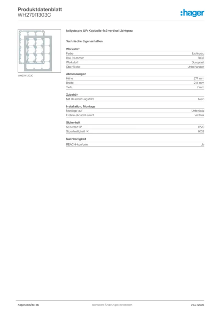 Bild Hager Produktdatenblatt WH27911303C | Hager Schweiz