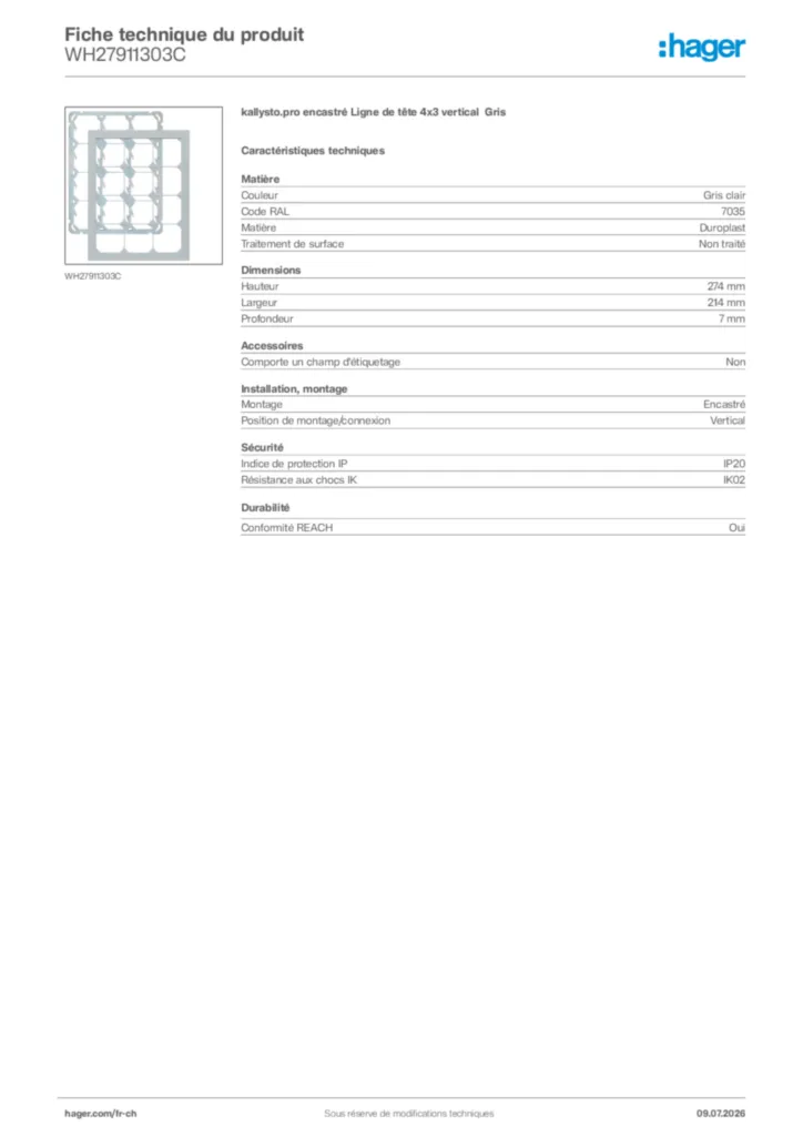 Image Hager Fiche technique du produit WH27911303C | Hager Suisse