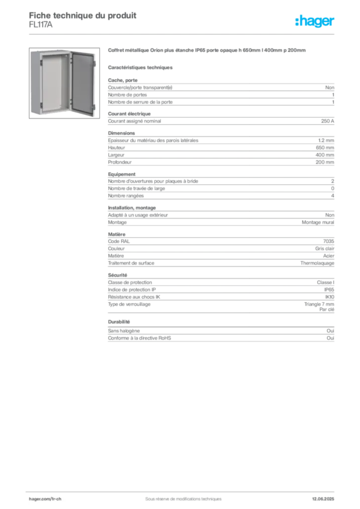 Image Hager Fiche technique du produit FL117A | Hager Suisse