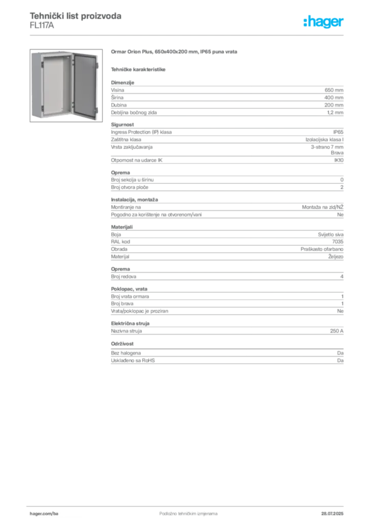 Slika Hager Product data sheet FL117A  | Hager